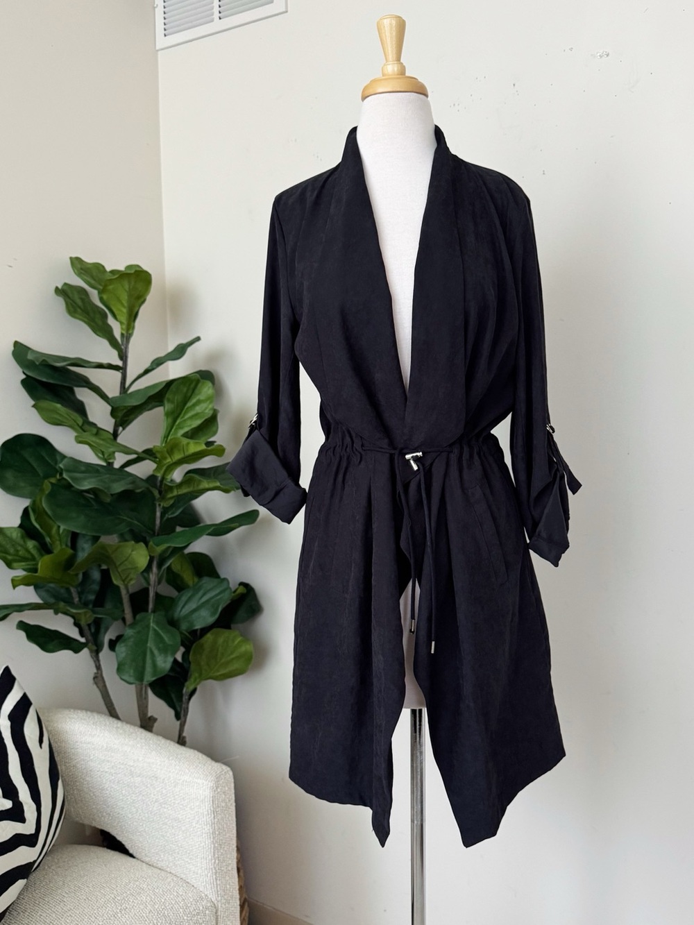 Zara Black Open-Front Draped Trench style Coat